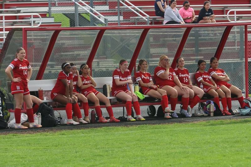 Members of the Ottawa girls soccer team watch from the bench while playing L-P on Monday, April 13, 2026 on King Field at Ottawa High School.