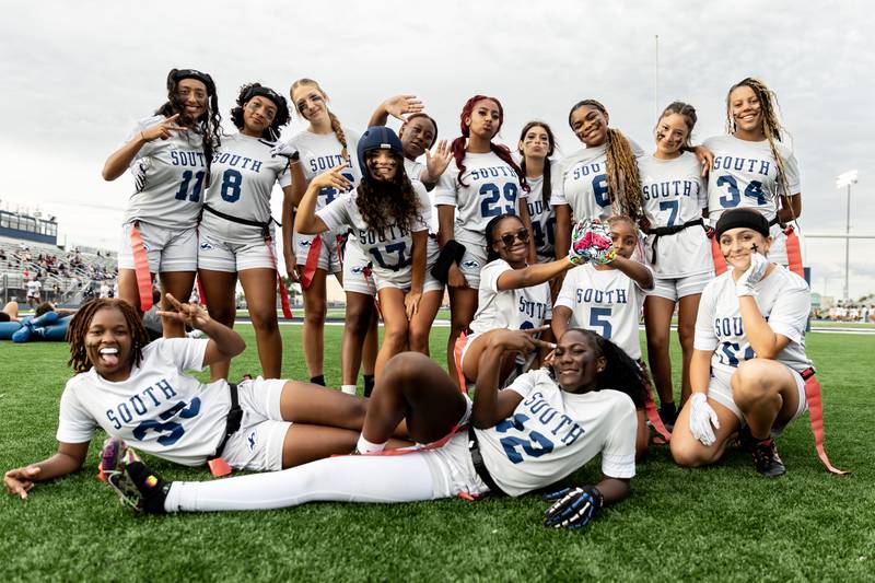 Plainfield South’s defensive players pose for a photo before their home game against Joliet West on Aug. 27, 2025.