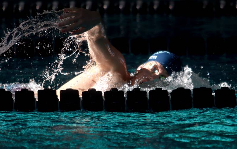 Jacobs’ co-op’s Max Chiappetta swims the 500-Yard Freestyle during the Fox Valley Conference Swimming Championships at Woodstock North High School Saturday.