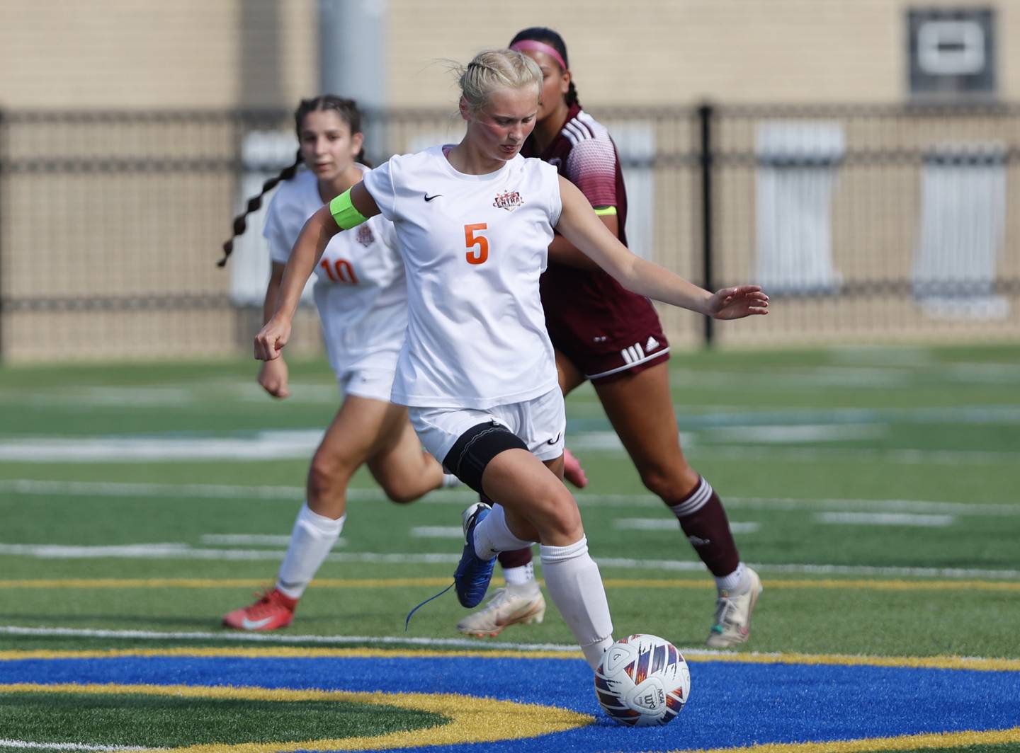 Crystal Lake Central's Liz Gray (5) handles the ball during the 2A girl's varsity supersectional soccer match between Crystal Lake South and St. Ignatius high schools on Tuesday, June 3, 2025 in Chicago.