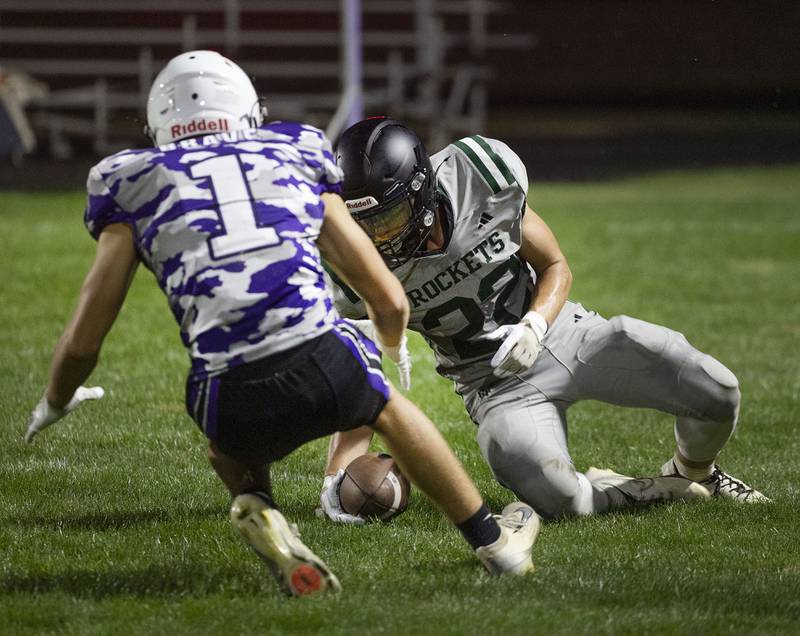 Rock Falls’ Cooper South falls on a kickoff against Dixon Friday, Sept. 12, 2025.
