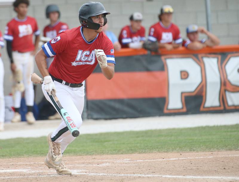 Rock Falls's Austin Casteneda runs to first base during the ICA Senior Baseball All Star Game on Monday, June 30, 2025 at Schweickert Stadium in Peru.