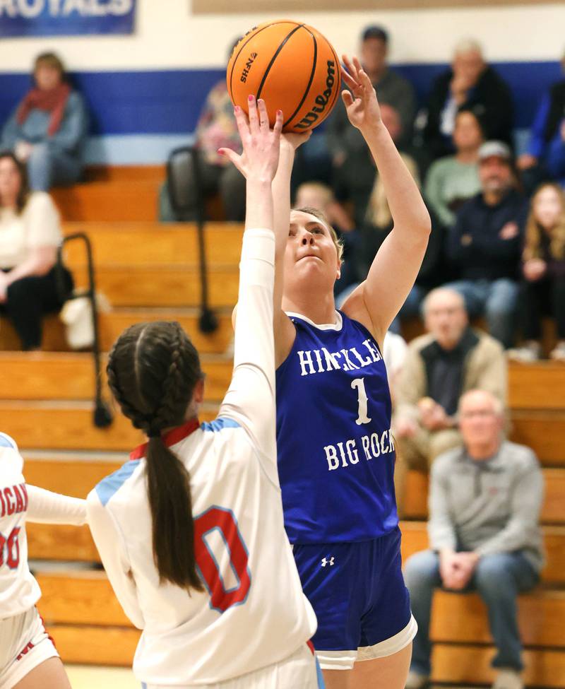 Hinckley-Big Rock's Payton Murphy shoots over Marian Central's Kaylie Kowalsky Monday, Feb. 16, 2026, during their regional semifinal game at Hinckley-Big Rock High School.