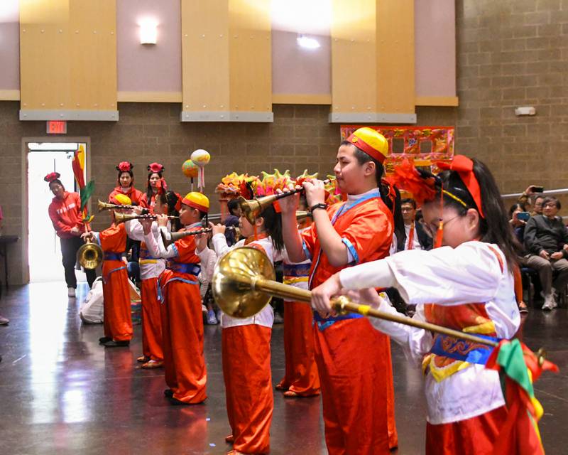 The Jhong Jheng Elementary School Suona and Drum Ensemble from Kinmen, Taiwan preform on Saturday April 19, 2025, at the Taiwanese American Chamber of Commerce building in Westmont.