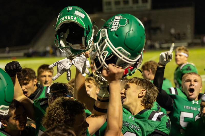 Seneca's Football team celebrates win against Chicago Christain at their 2025 home opening game on Friday, Aug 29, 2025 at Seneca High School in Seneca.