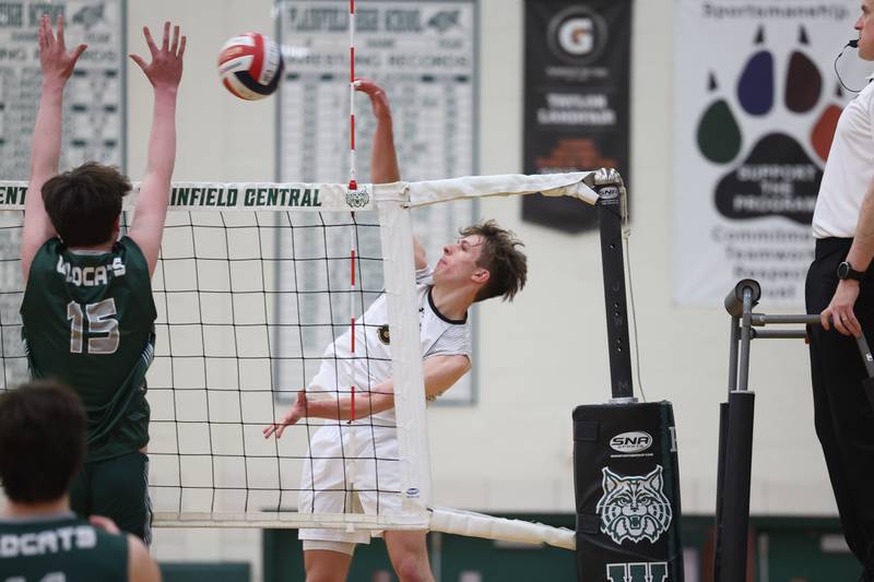 Joliet West’s Nathan Fleischauer powers a shot against Plainfield Central on Tuesday, April 23, 2024 in Plainfield.