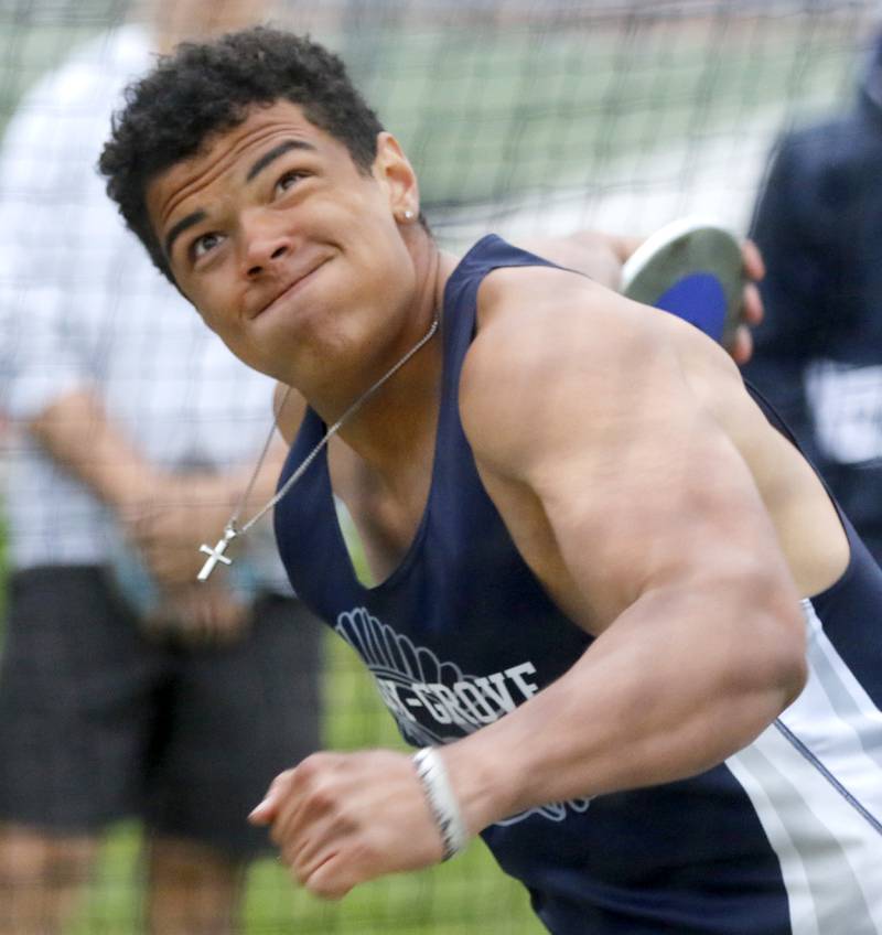 Cary-Grove’s Reece Ihenacho throws the discus during the Fox Valley Conference Boys Track and Field Meet on Thursday, May 9, 2024, at Huntley High School.