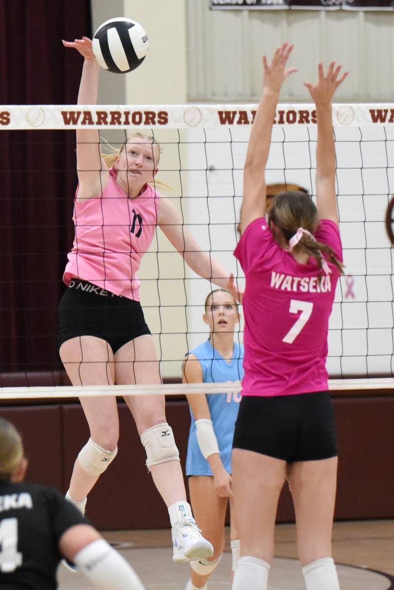 Cissna Park's Sophie Duis, left, looks to hit the ball past Watseka's Thayren Rigsby during a game at Watseka Tuesday, Oct. 21, 2025.