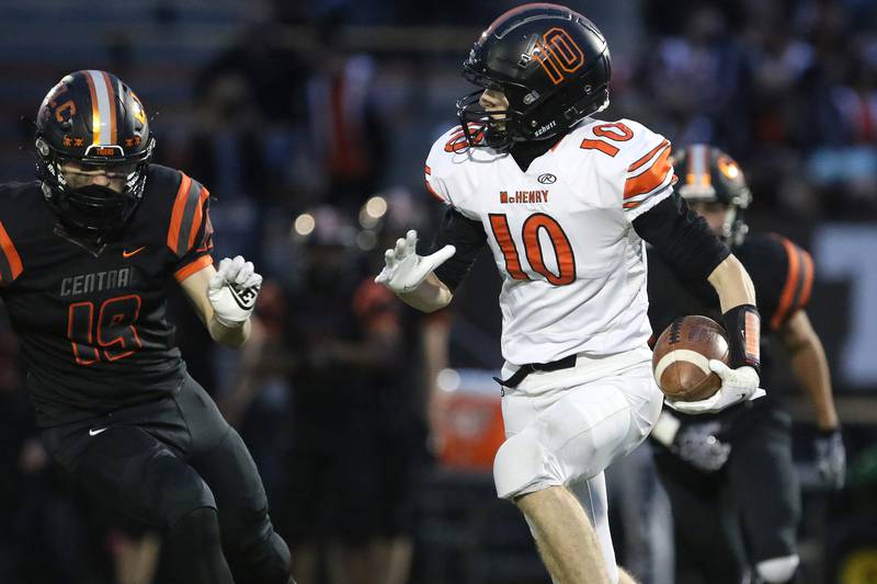 McHenry's Kyle Kaempf runs the kickoff back for a touchdown against Crystal Lake Central during their football game on Friday, April 9, 2021 at Crystal Lake Central High School in Crystal Lake.