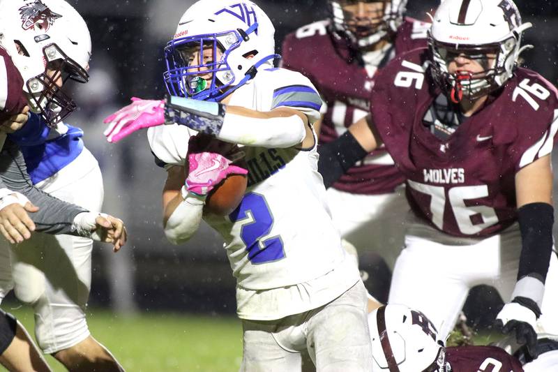 Vernon Hills’ Giuseppe Urso runs the ball in IHSA football Class 5A first-round playoff action at Prairie Ridge High School in Crystal Lake on Friday, October 31, 2025.