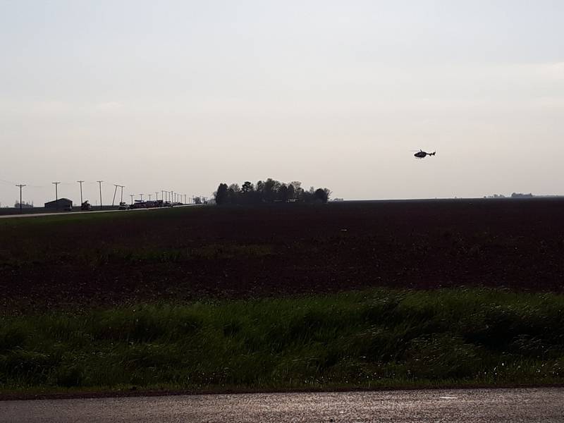 A medical helicopter gets ready to land on Route 18, just west of Streator, following a two-vehicle crash involving a car and a Com Ed bucket truck. The motorist of the car was air lifted to OSF St. Francis Medical Center in Peoria.