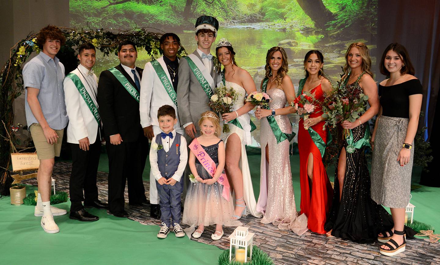 The 2021 La Salle-Peru High School Promenade was on Saturday, May 7, 2022, in Mattheissen Memorial Auditorium. It featured 2021 Prom King Drew Lane (from left), prom court members Estevan Alfaro, Joseph Rois, Tre’Von Hunter, 2022 Prom King Luke Buck, 2022 Prom Queen Paige Kirkman, court members Angela Smudzinski, Malley Ontiveros, Elia Becker, 2021 Prom Queen Grace Stachowiak and junior royalty (front row from left) Parker Sellers and Eloise Kostellic.