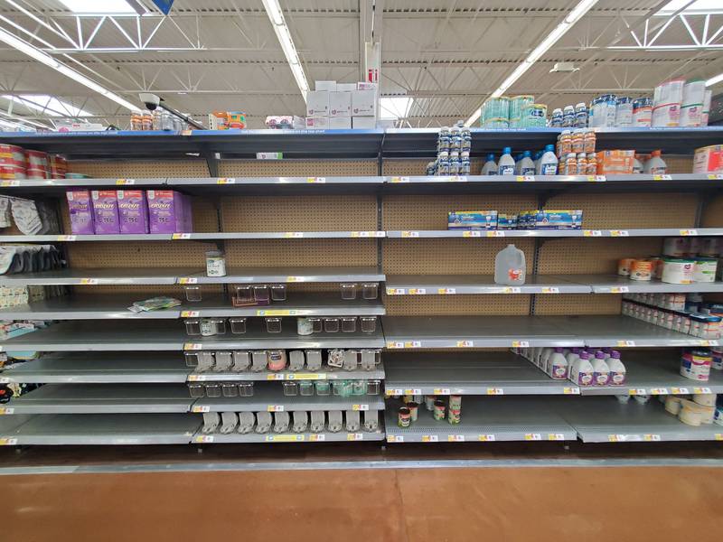 A small selection of infant formula is seen on the shelves of Walmart on Jefferson St. in Joliet on Thursday, May 14, 2022. Supply chain issues and a formula recall by Abbott in February have led to formula shortages across the U.S.