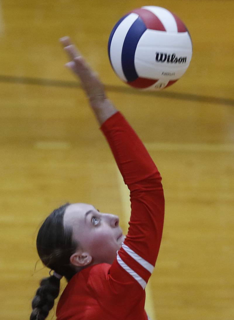Huntley's Rachael Hein serves the ball during a Fox Valley Conference volleyball match against Crystal Lake Central  on Tuesday,Aug. 26, 2025, at Crystal Lake Central High School.