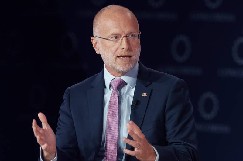 FILE - Federal Communications Commission chairman Brendan Carr speaks during the Concordia Annual Summit in New York, Sept. 22, 2025. (AP Photo/Andres Kudacki, File)
