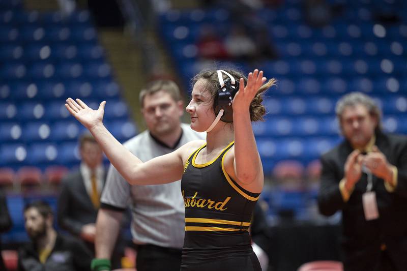 Gabriella Gomez of Glenbard North celebrates her win over  Eliana Paramo of Joliet Central in the 115 pound championship match at the IHSA girls state wrestling championships Saturday, Feb. 25, 2023.