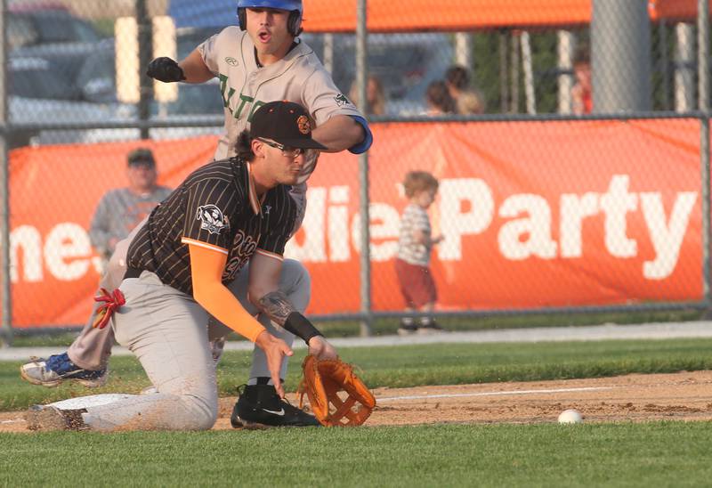 Illinois Valley Pistol Shrimp's James Love of Joliet, fields a ground ball as Alton River Dragons Kyle Campbell rounds third base on Thursday, June 5, 2025 at Schweickert Stadium in Peru.