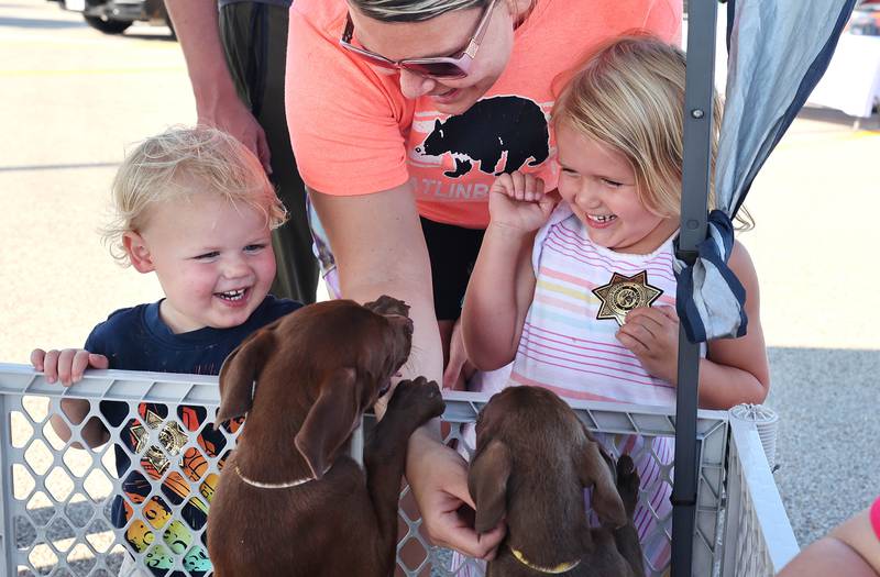 Isaac Schaeffer, 2, and his sister Molly, 4, from Sycamore, greet puppies at the Tails Humane Society booth Tuesday, Aug. 2, 2022, during National Night Out in the parking lot of the Walmart on Sycamore Road in DeKalb. The puppies are available for adoption.