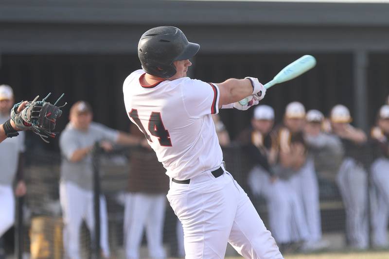 Lincoln-Way Central’s Christian Lovingfoss drives in a run against Joliet Catholic on Wednesday, March 25, 2026 in New Lenox.