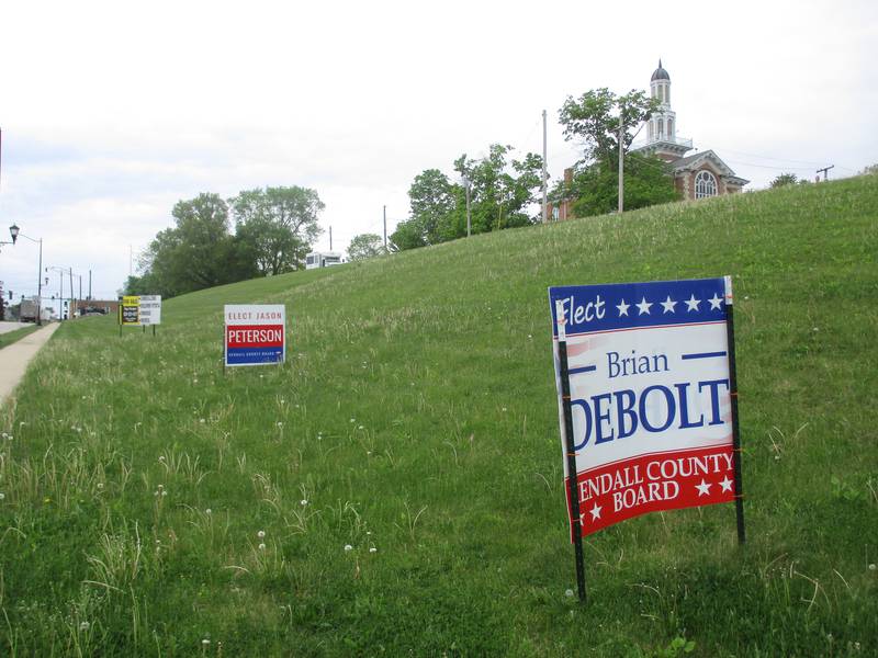 Candidate campaign signs are proliferating across Kendall County ahead of the June 28 primary election. These signs are seen along South Bridge Street (Route 47), with the Historic Courthouse rising from the hill in the background. (Mark Foster -- mfoster@shawmedia.com)