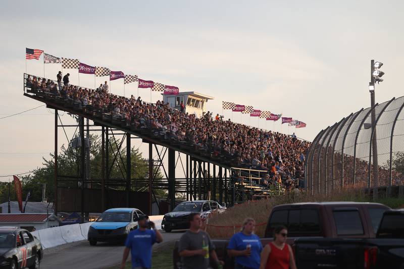 A record breaking crowd packs the stand for a special night of racing that featured police officers racing in the Five-O Race that raised over $180,000 for Special Olympics along with a school bus race at Grundy County Speedway on June 15, 2024 in Morris.