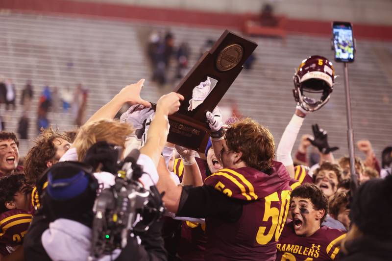 Loyola players celebrate their 26-15 win over Lincoln-Way East in the Class 8A championship on Saturday, Nov. 25, 2023 at Hancock Stadium in Normal.
