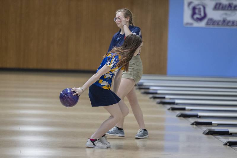 Sterling’s Hailey Conderman makes her throw during bowling regionals at Plum Hollow in Dixon on Saturday, Feb. 4, 2023.