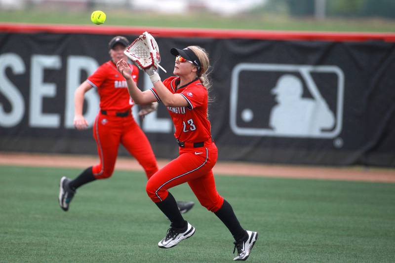 Barrington's Maddie Van Ryn makes a catch during a IHSA Class 4A state semifinal game against Lockport on Friday, June 13, 2025 at the Louisville Slugger Sports Complex in Peoria.