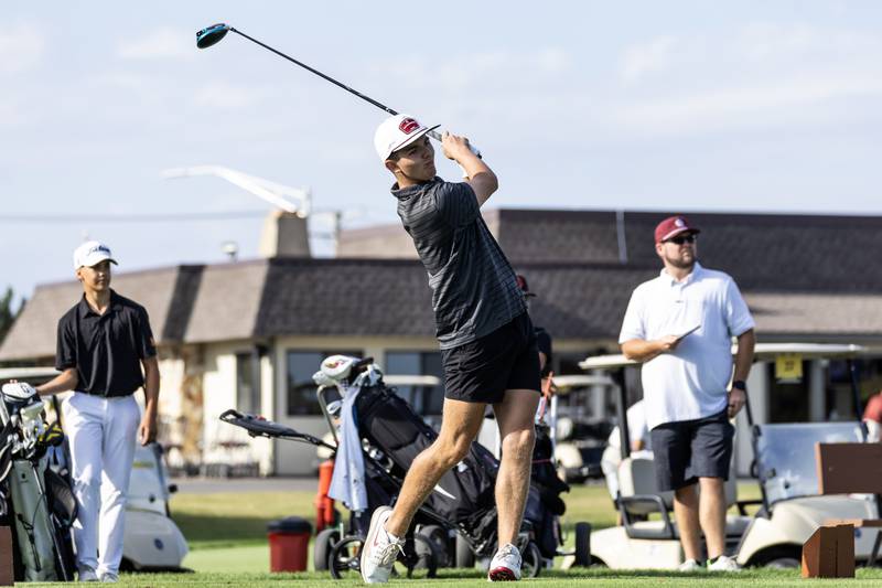 Bradley-Bourbonnais’s Max Lamore tees off at the 10th hole during the IHSA Boys’ Class 3A Sectional at Wedgewood Golf Course in Plainfield on Oct. 6, 2025.