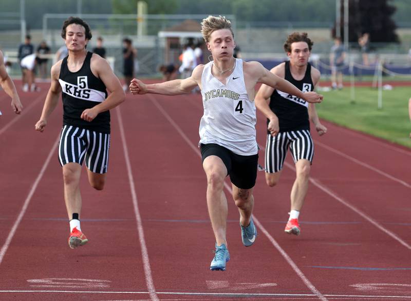 Sycamore’s Aidan Wyzard wins the 100 meters Tuesday, May 13, 2025, during the Interstate 8 Conference boys track championships at Rochelle High School.