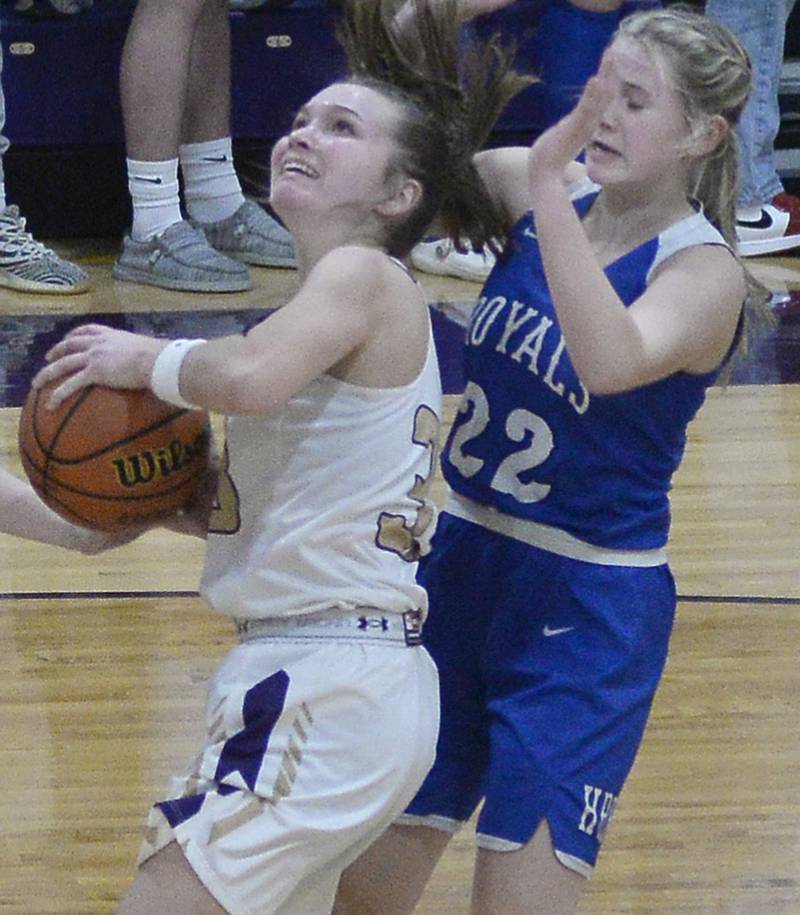 Serena’s Jenna Setchell eyes the basket after getting past Hinkley Big Rock’s Anna Herrmann 1st period during the Class 1A Sectional on Tuesday, Feb. 21, 2023 at Serena High School.