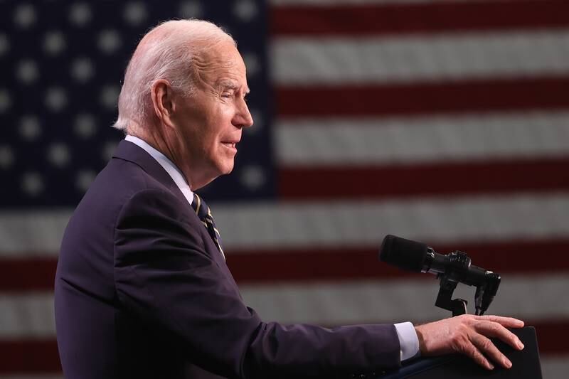 President Joe Biden speaks about Social Security and Medicare during a stop in Joliet at Jones Elementary School on Saturday.