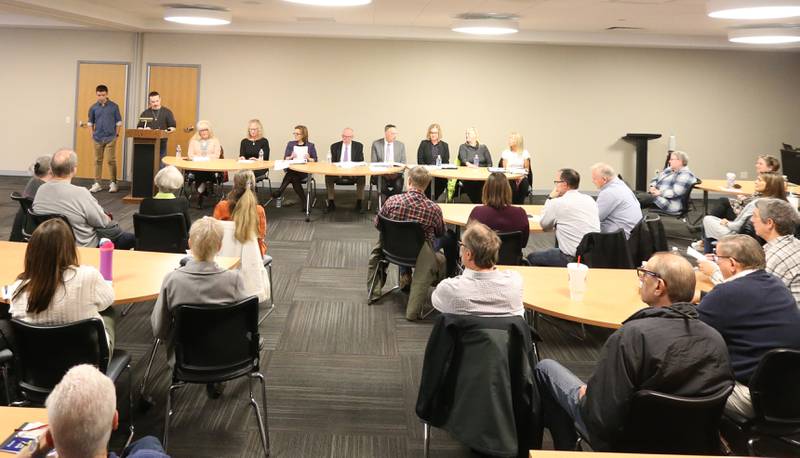 Eight candidates are vying for three seats in the April 4 election on Wednesday, March 22, 2023 at Illinois Valley Community College in Oglesby. Candidates gathered at the forum are (from left) Crystal Loughran, Teresa Schmidt, Julie Ajster, Bill Hunt, Jay McCracken, Angie Stevenson, Lori Ganey, and Rebecca Donna.