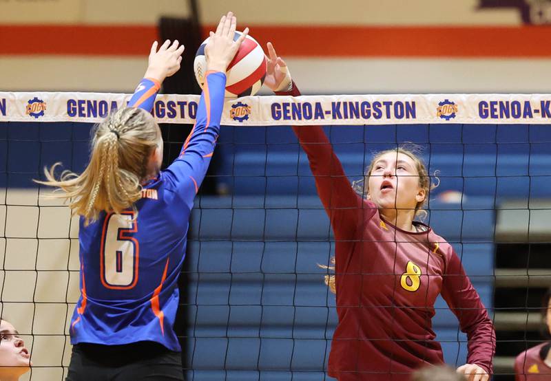 Genoa-Kingston's Addison Vicary blocks the tip attempt by Montini's Autumn Schumerth during their match Tuesday, Sep. 5, 2023, at Genoa-Kingston High School.