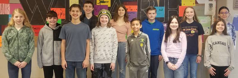 Sycamore Middle School Students of the Month for January. The sixth grade students are Elizabeth Adams, Grady Bjelland, Landon Horton, and Addison Kolzow. The seventh grade students are Connor Franz, Grady Janisch, Rosemary McConkie, and Ella Lee. The eighth grade students are Gracielynn Alvarez, Michael Calligan, Piper Kearsing, and Miles Musich.