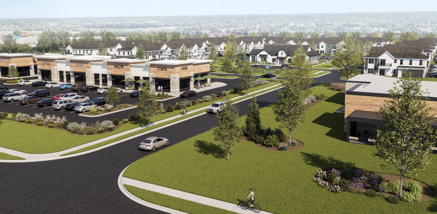 A rendering shows a proposed development on more than 35 acres off Route 31 in Cary from Milwaukee-based Fiduciary Real Estate. It would have   commercial space mixed with luxury housing and amenities like a dog park, pool house and pickle ball courts.