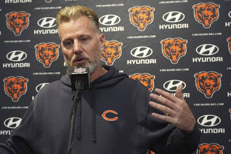 Chicago Bears head coach Matt Eberflus answers a question during a news conference after an NFL football game against the Arizona Cardinals Sunday, Nov. 3, 2024, in Glendale, Ariz. The Cardinals won 29-9. (AP Photo/Ross D. Franklin)