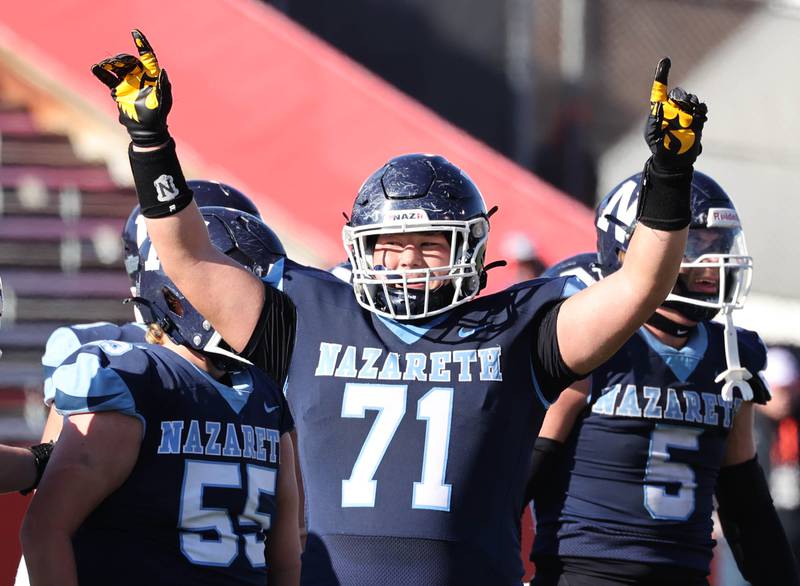 Nazareth's Samuel Stec celebrates as time ticks away Saturday, Nov. 25, 2023, in their IHSA Class 5A state championship win over Joliet Catholic Hancock Stadium at Illinois State University in Normal.