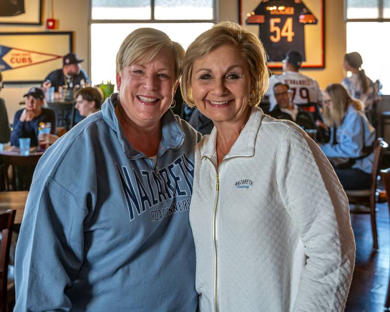 Therese Hawkins (L) and Deborah Tracy at the NFL Draft Watch Party to support former Nazareth quarterback J.J. McCarthy at Max in McCook.  April 25, 2024.