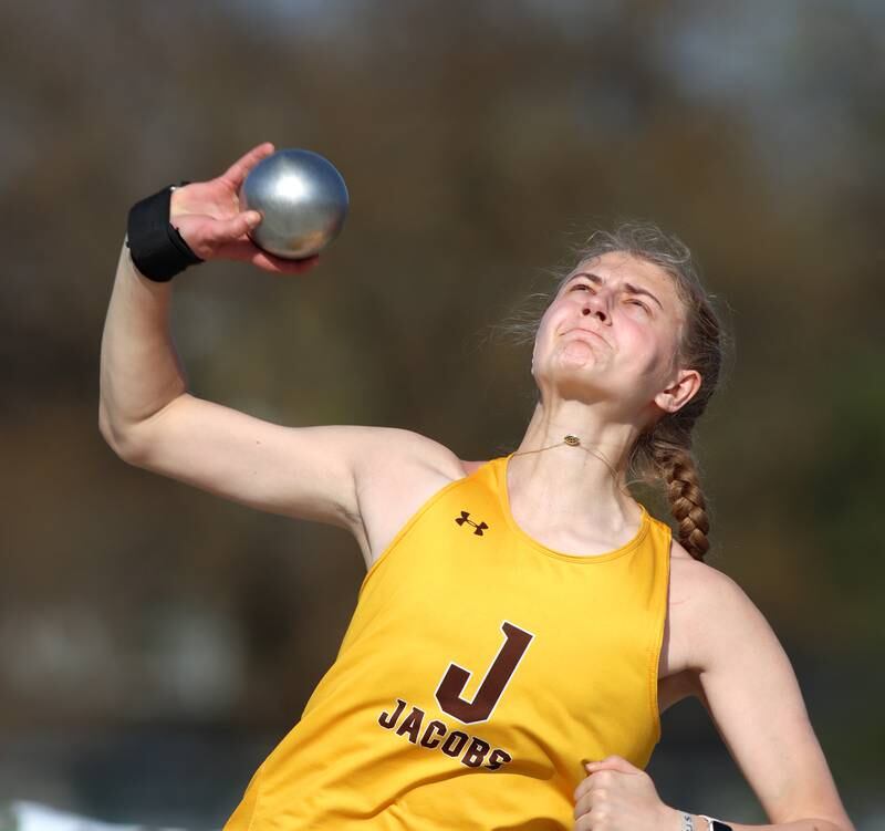 Jacobs’ Carly Uehlein competes in the shot put during the McHenry County Track and Field Meet at McCracken Field on Thursday, April 24, 2025, in McHenry