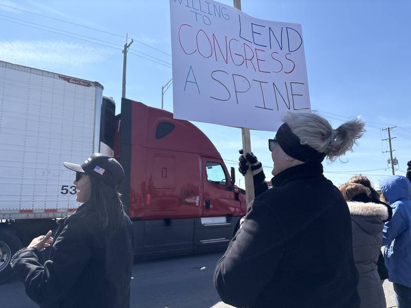 Tammy McLaughlin reacts to a truck blowing its horn in support at a No Kings rally in Crystal Lake, Saturday, March 28, 2026.