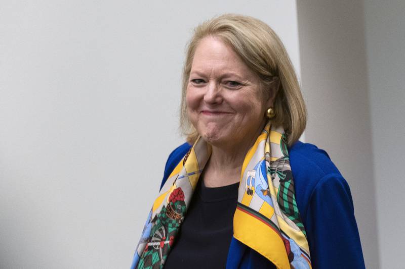 Conservative activist Virginia "Ginni" Thomas, walks during a break in a voluntary interview with the House panel investigating the Jan. 6 insurrection, at Thomas P. O'Neill Jr. House Office Building, Thursday, Sept. 29, 2022, in Washington. The committee has for months sought an interview with Thomas in an effort to know more about her role in trying to help former President Donald Trump overturn his election defeat. She texted with White House chief of staff Mark Meadows and contacted lawmakers in Arizona and Wisconsin in the weeks after the election. (AP Photo/Manuel Balce Ceneta)