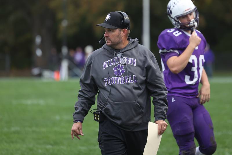 Wilmington head coach Jeff Reents walks the sidelines against Mercer County in round 1 of the Class 2A playoffs on Saturday, Oct. 28, 2023 in Wilmington.