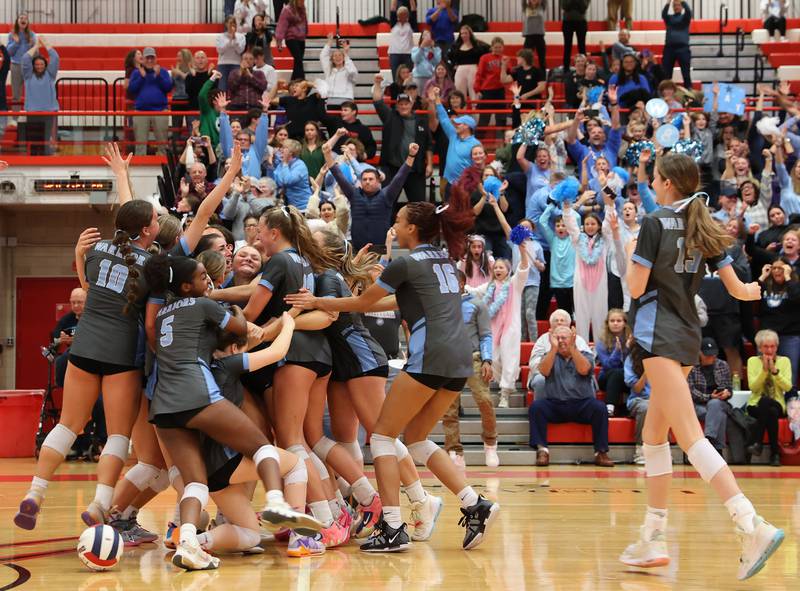 Willowbrook reacts to winning against Oak Park-River Forest at the 4A girls varsity volleyball sectional final match at Hinsdale Central high school on Wednesday, Nov. 1, 2023 in Hinsdale, IL.