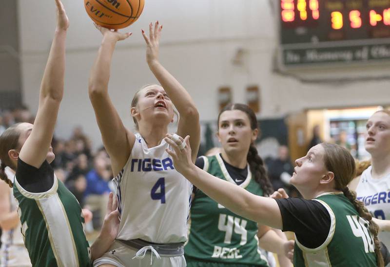 Princeton's Madie Gibson eyes the hoop over St. Bede's Ashlan Heersink during the Class 2A Regional semifinal game on Tuesday, Feb. 17, 2026 at St. Bede Academy.