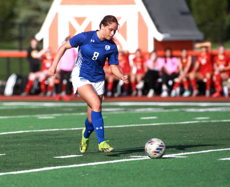 Geneva's Olivia Hagen kicks the ball during a Tri-Cities Soccer Night game against Batavia on Tuesday, April 29, 2025 at St. Charles East.