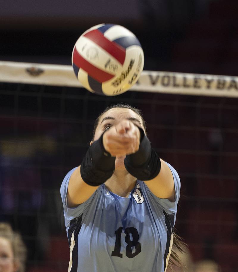 DePaul College Prep's Amelia Kurtz makes a pass against Prairie Ridge Saturday, Nov. 16, 2024, in the Class 3A third place state volleyball match at CEFCU Arena in Normal.
