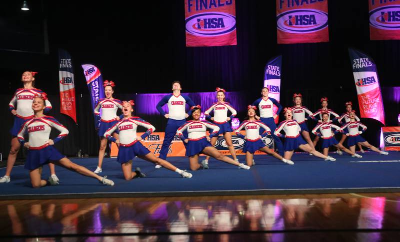Members of the Dundee-Crown cheerleading team perform during the Competitive Cheerleading State Finals on Saturday, Feb. 3, 2024 at Grossinger Motors Arena in Bloomington.