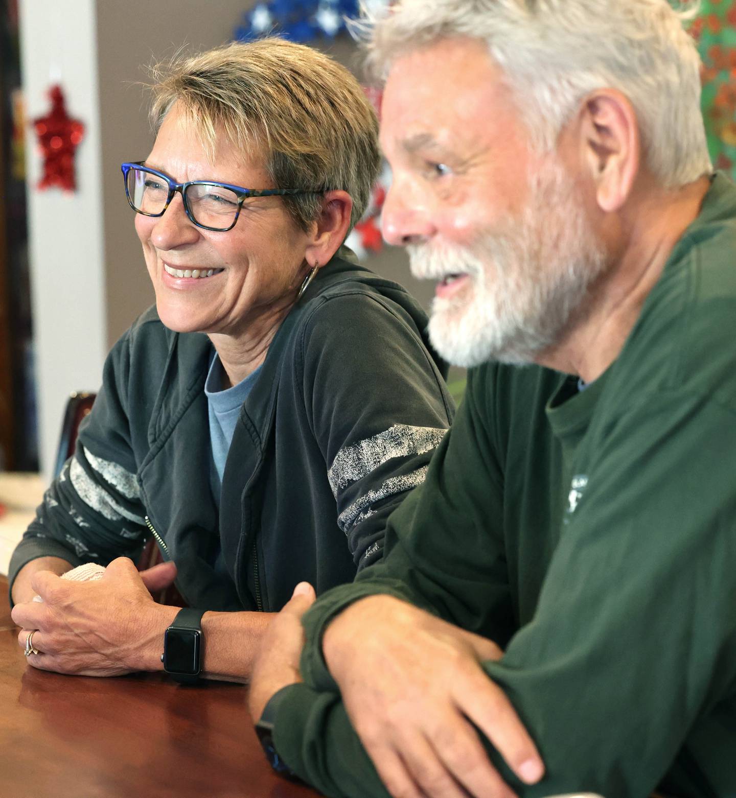 Mike and Karen Giuliano, both U.S. Air Force veterans from DeKalb, talk Thursday Sept. 28. 2023, at the American Legion Post 66 in DeKalb, about their time in the Air Force, where they met, and how they combined serving their country with raising a family.