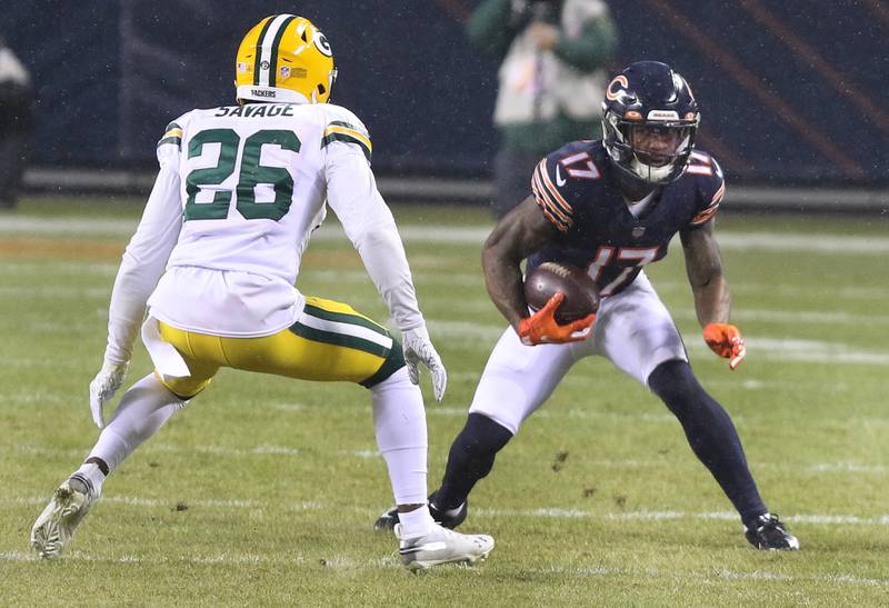 Chicago Bears wide receiver Anthony Miller (17) tries to get past Green Bay Packers free safety Darnell Savage (26) during their game Sunday at Soldier Field in Chicago.